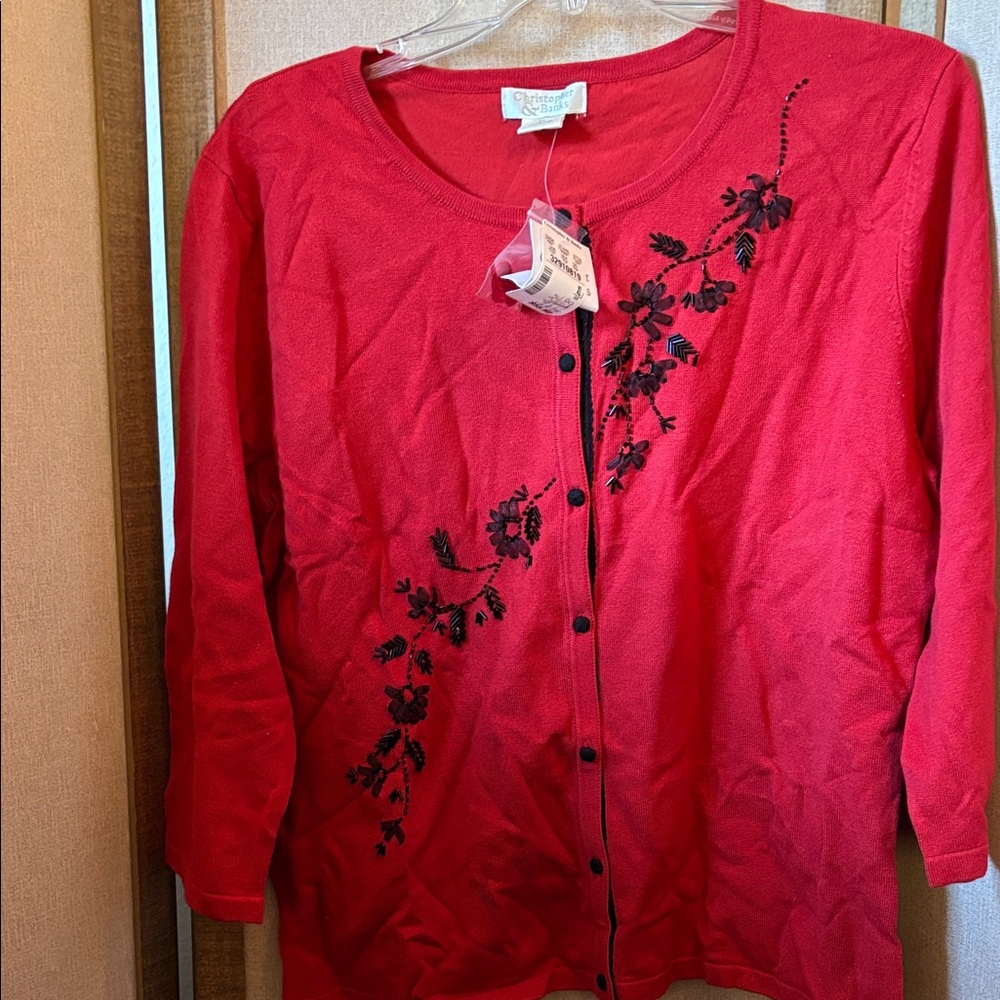 FINAL MARKDOWN Christopher & Banks Red Sweater with Black beading XL NWT